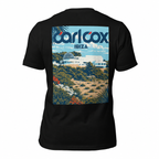 A black short-sleeve t-shirt shown from the back, featuring a large rectangular graphic print on the back. The graphic depicts a travel-style illustration of the Carl Cox Museum in Ibiza, Spain, with the text 'carl cox IBIZA' in blue and white at the top of the print.