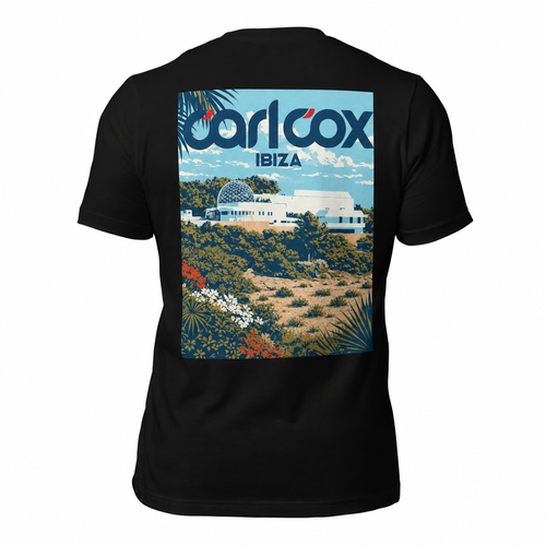 A black short-sleeve t-shirt shown from the back, featuring a large rectangular graphic print on the back. The graphic depicts a travel-style illustration of the Carl Cox Museum in Ibiza, Spain, with the text 'carl cox IBIZA' in blue and white at the top of the print.