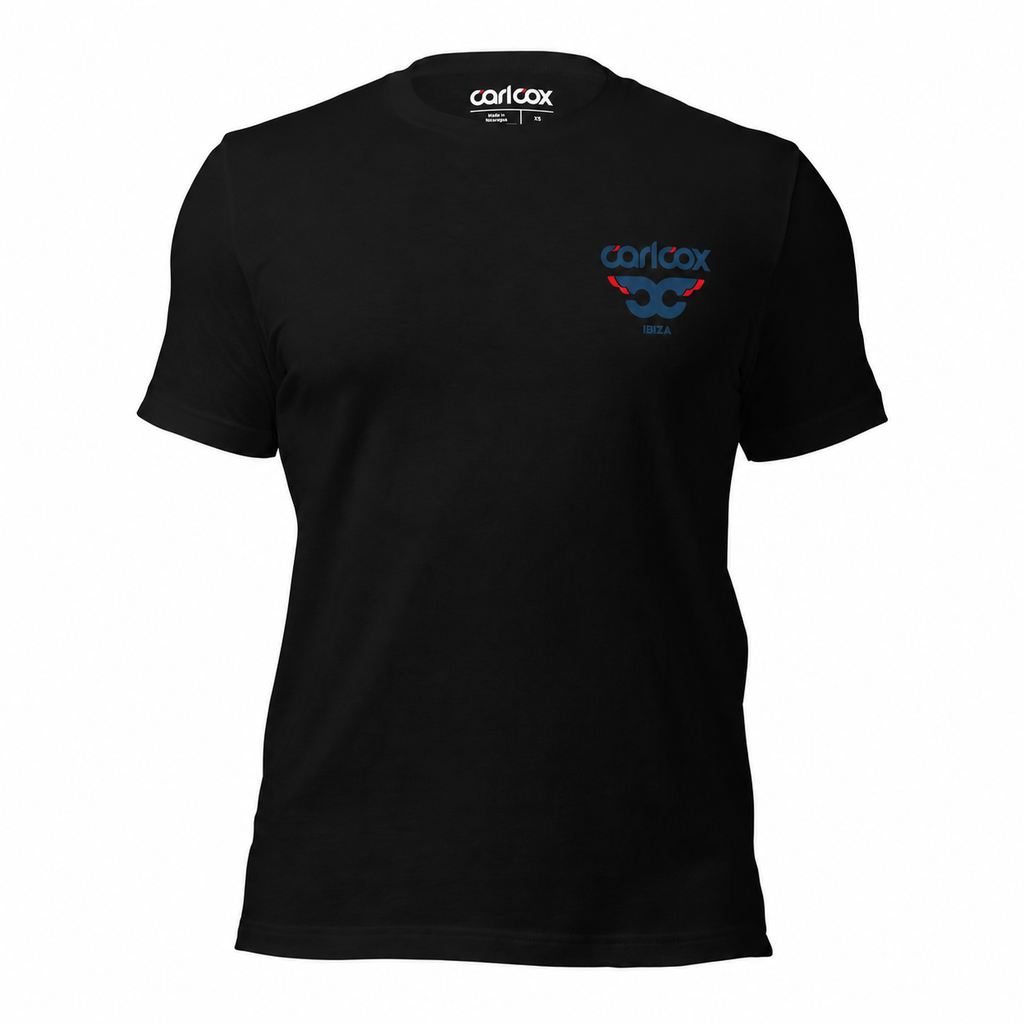 A black short-sleeve t-shirt with a small blue and red graphic on the left chest featuring the word 'carlcox' and a stylized skull design, shown on a plain white background.