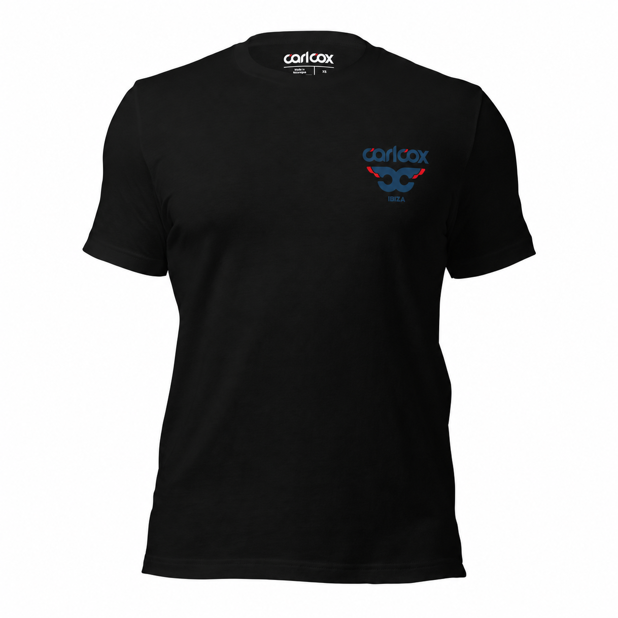 A black short-sleeve t-shirt with a small blue and red graphic on the left chest featuring the word 'carlcox' and a stylized skull design, shown on a plain white background.