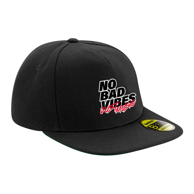 No Bad Vibes Black Text Flat Peak Snapback Cap-Carl Cox Online Store